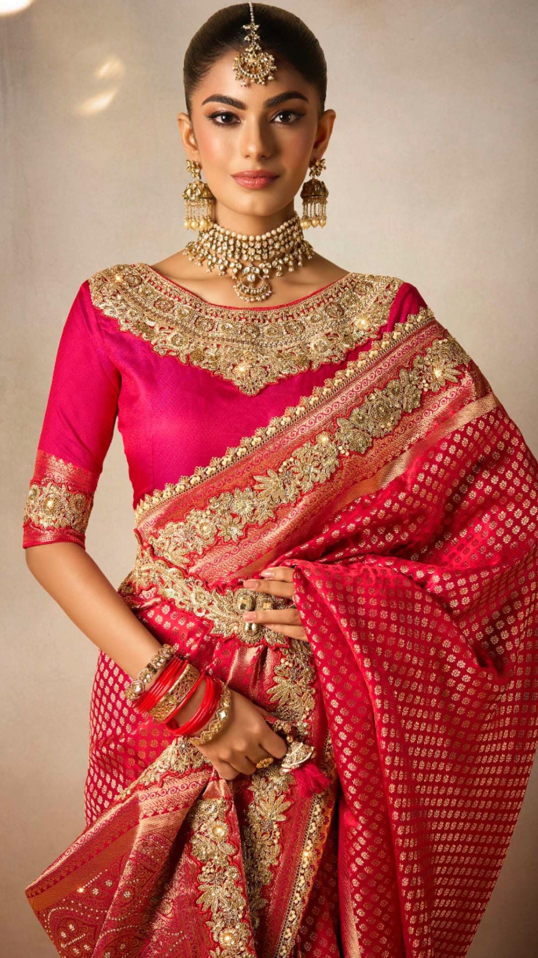 Red Satin Embroidered Saree With Rani Blouse