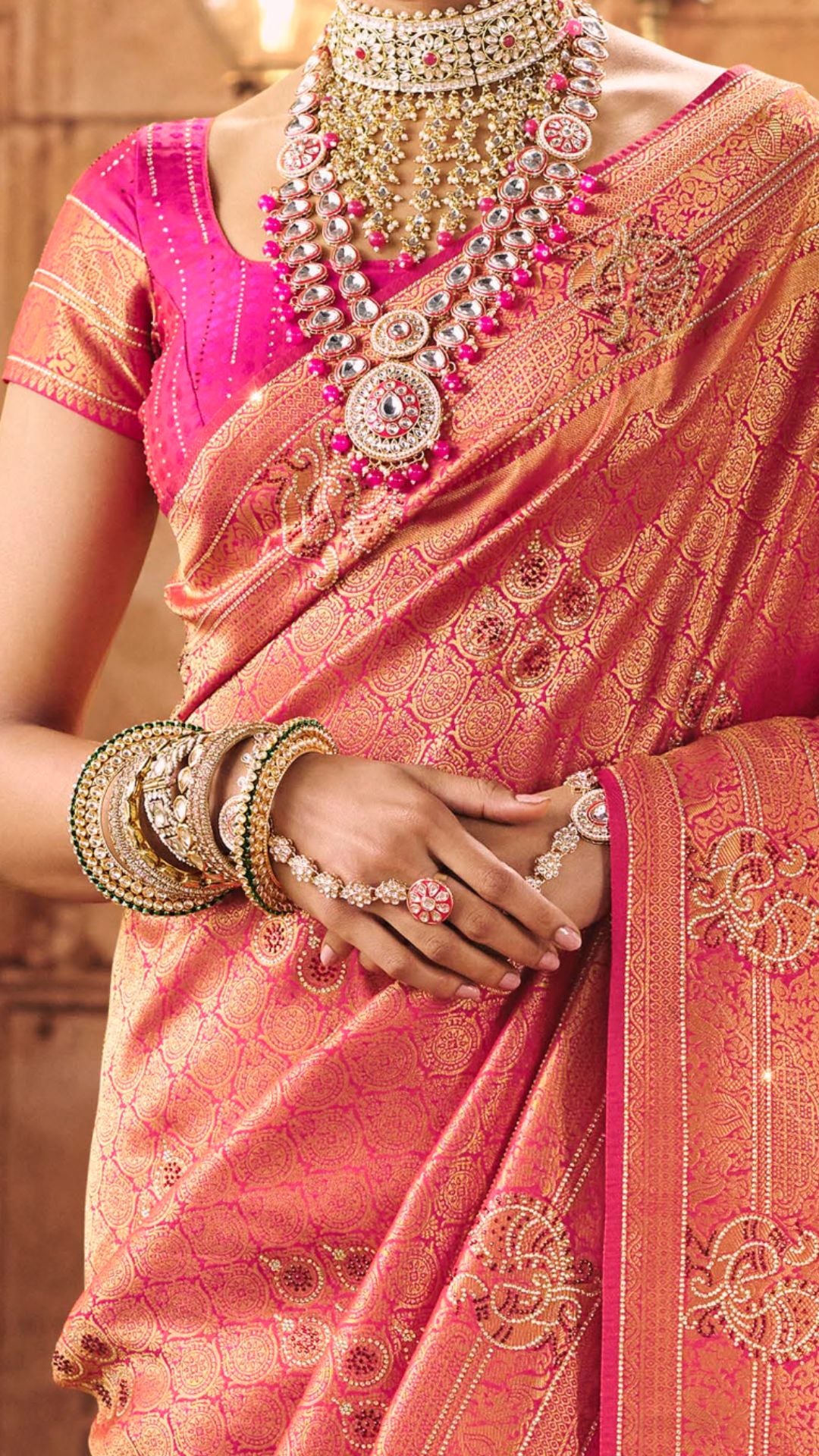 Pink Kanjiviram Silk Saree With Swarovski Work