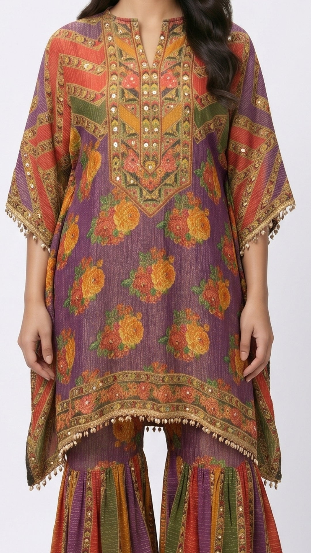 Purple Wrinkle Tissue Coord Set with Digital Print and Mirror Work