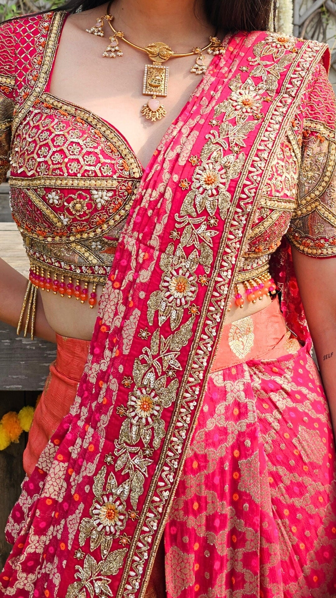 Orange Chinon Banarasi Drape Saree with Cutdana, Sequin, Moti & Dabka Work