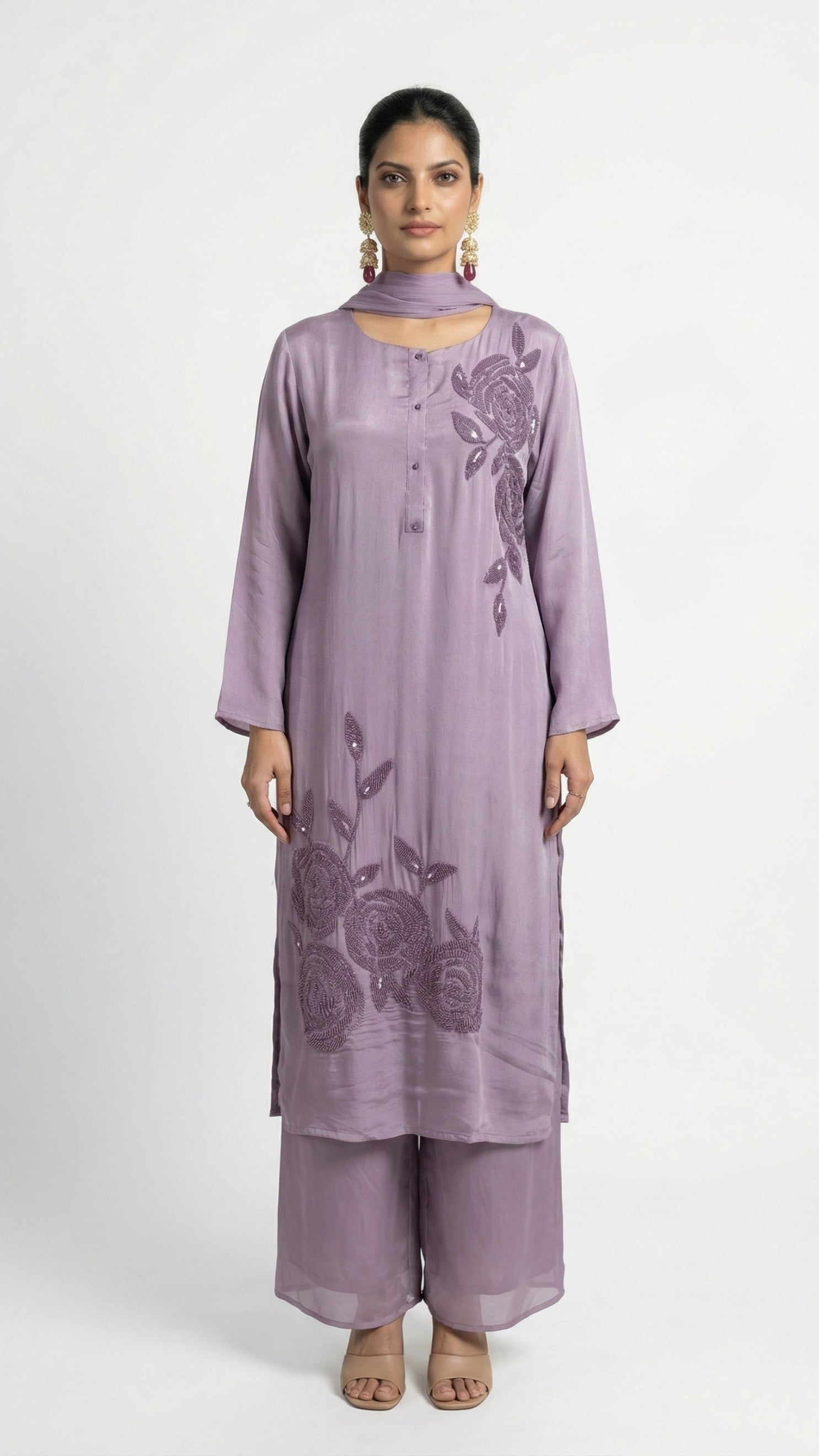 Lavender Chinon Suit Embellished with Cutdana Detailing