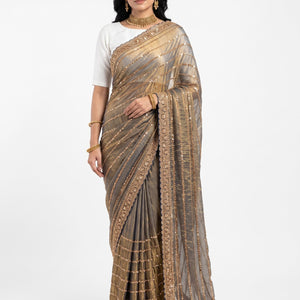 Olive Tissue Unstitched Saree Embellished With Sequins & Cutdana