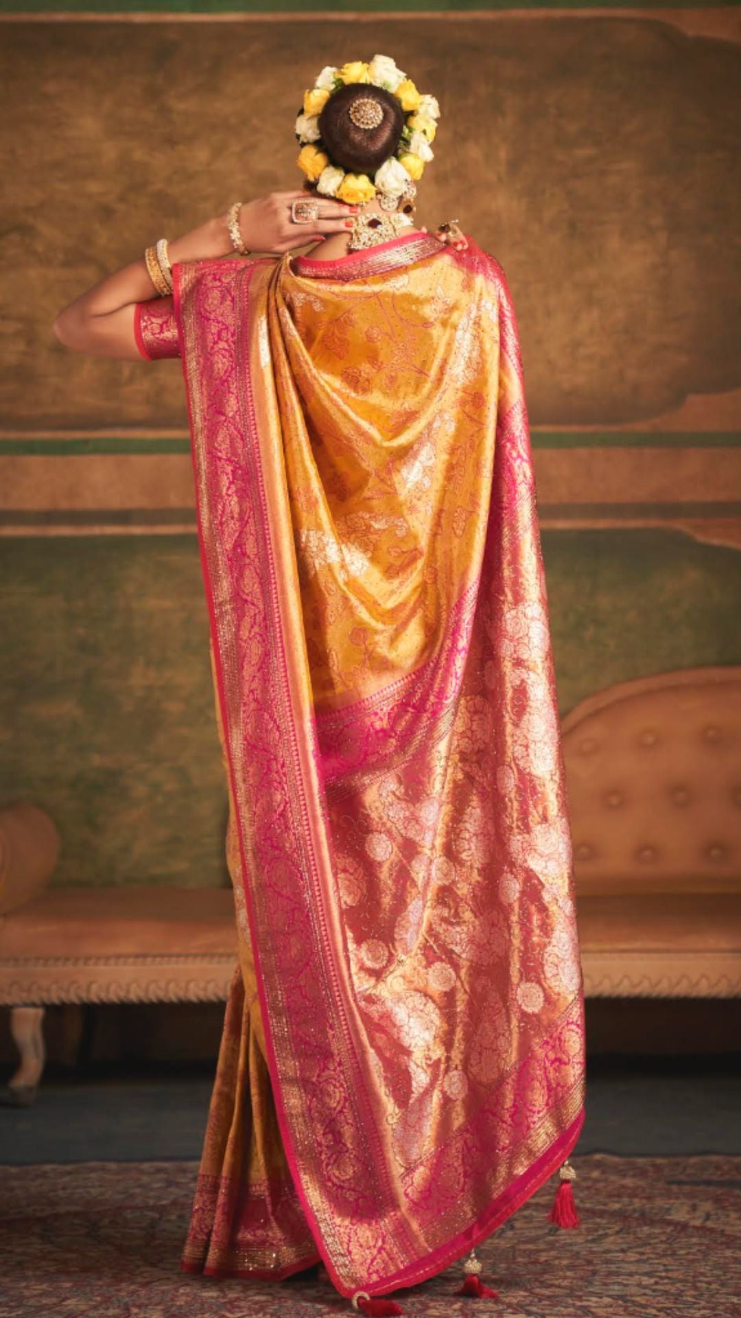 Pink and Mustard Kanjivaram Silk Saree with Swarovski Work