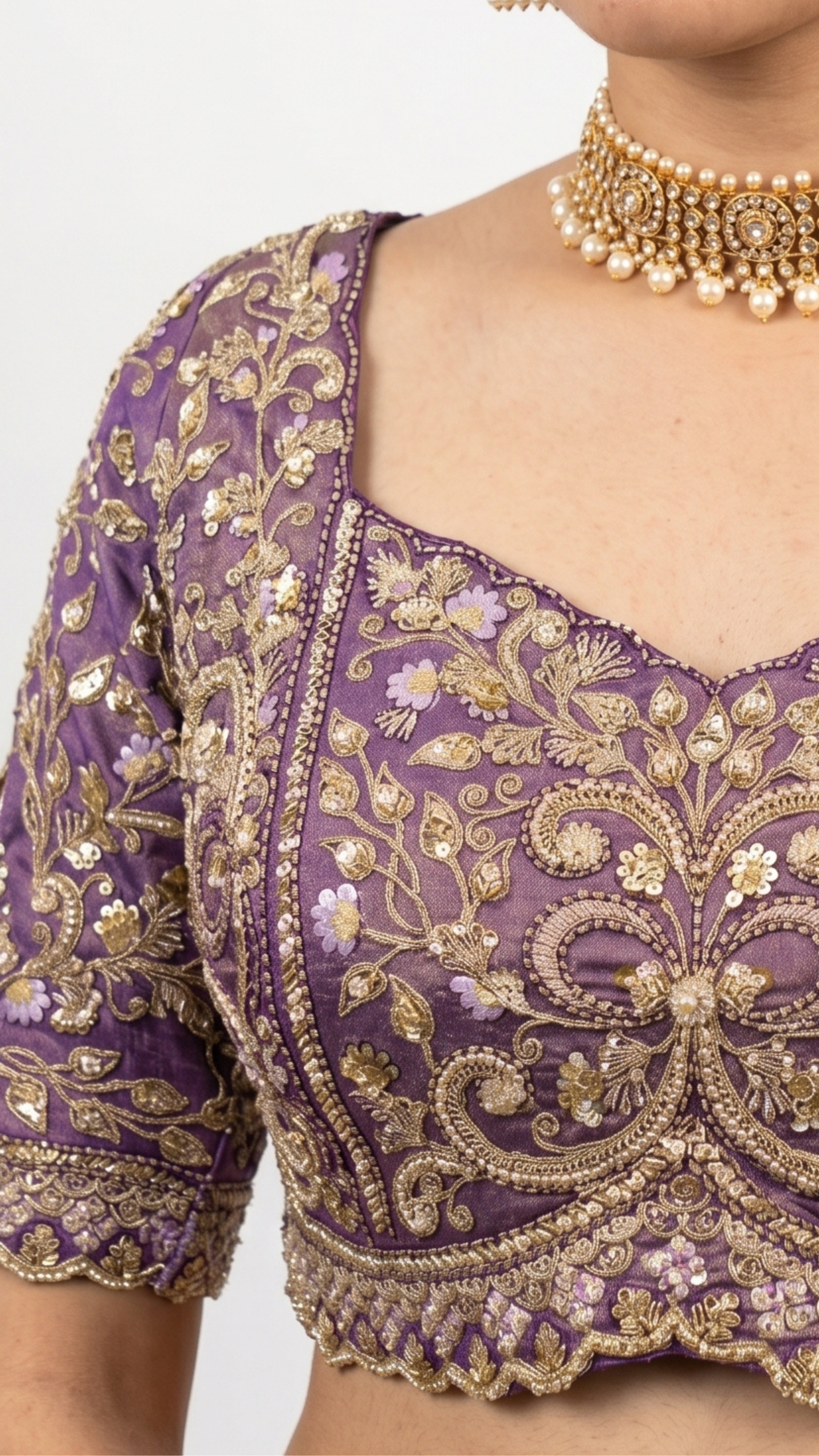 Purple Silk Saree with Stitched Blouse and Zari, Cutdana & Sequins Work