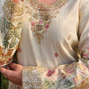 Cream Tissue Indo-Western with Dabka, Cutdana, Zari, Sequin & Resham Work