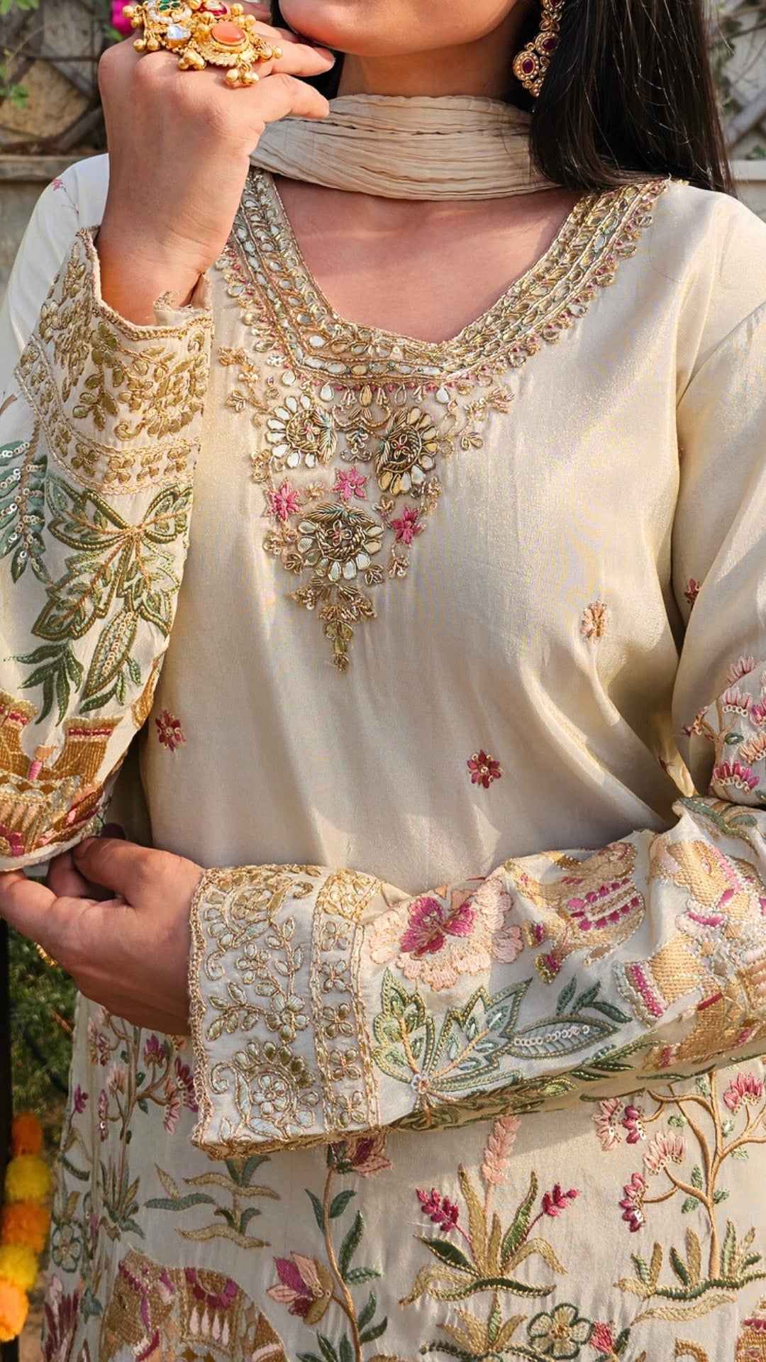 Cream Tissue Indo-Western with Dabka, Cutdana, Zari, Sequin & Resham Work