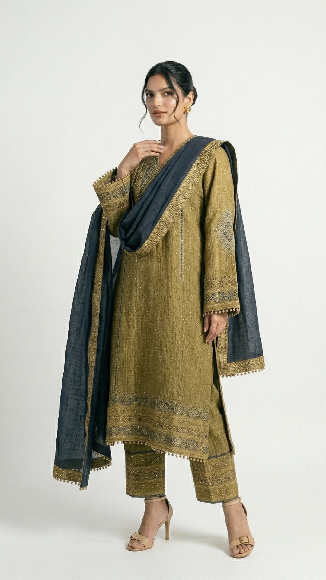 Olive Gold Wrinkle Tissue Set with Digital Print & Mirror Detailing