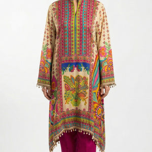 Multicolour Muslin Crepe Coord Set with Digital Print & Mirror Work