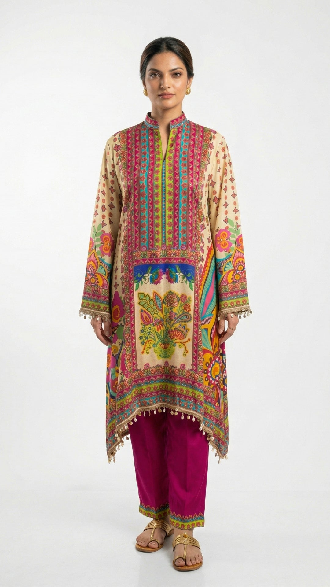 Multicolour Muslin Crepe Coord Set with Digital Print & Mirror Work