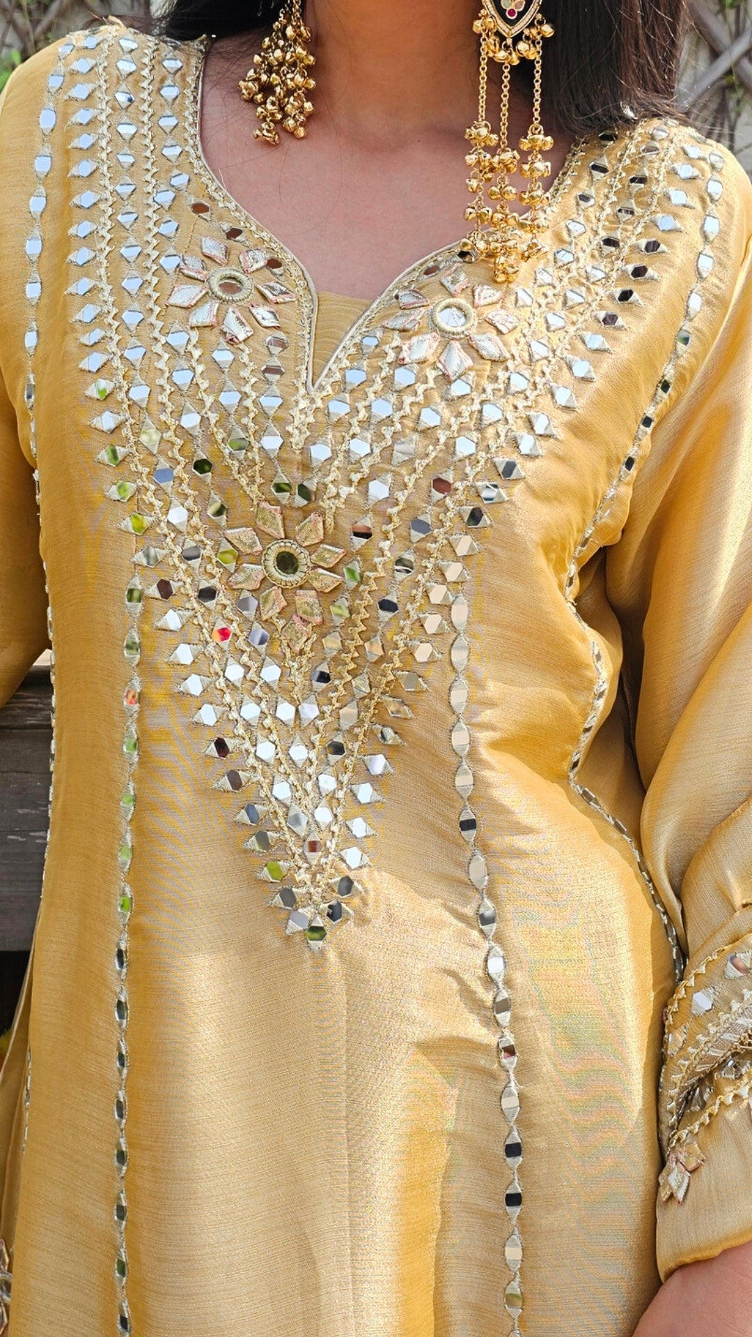 Beige Tissue Indowestern Set with Gota Patti and Mirror Work