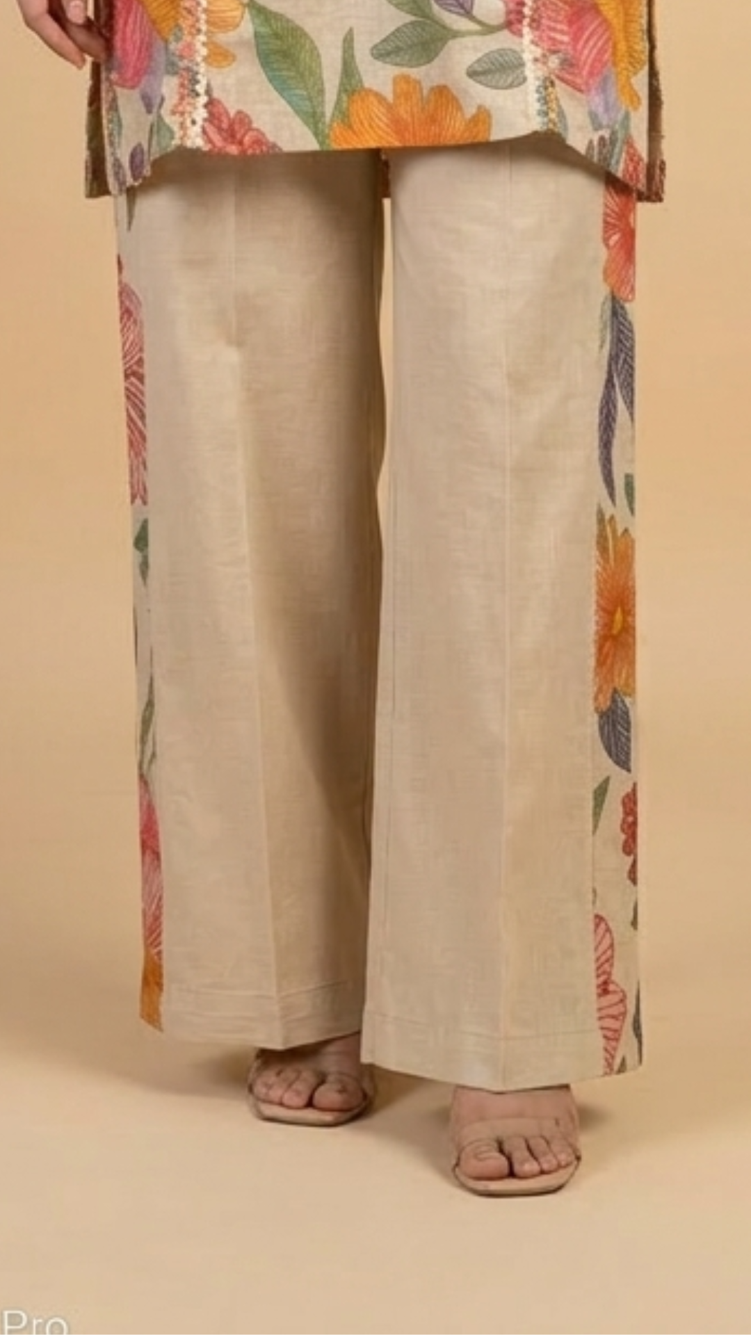 Cream Jute Coord Set with Multicolor Hand Print