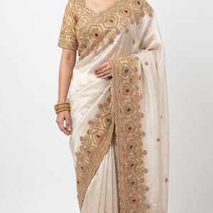 Golden Ivory Tissue Saree Embellished With Sequins, Moti & Cut Dana Work