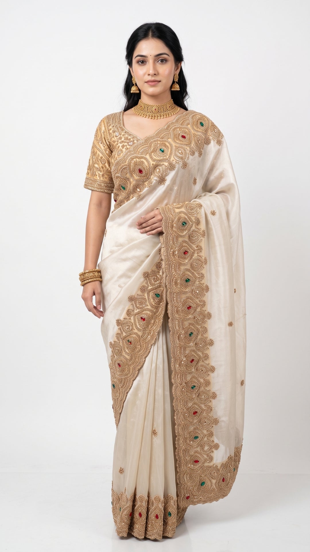 Golden Ivory Tissue Saree Embellished With Sequins, Moti & Cut Dana Work