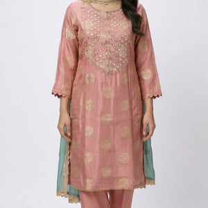 Pink Banarasi Tissue Suit with Mirror, Dabka & Moti Detailing