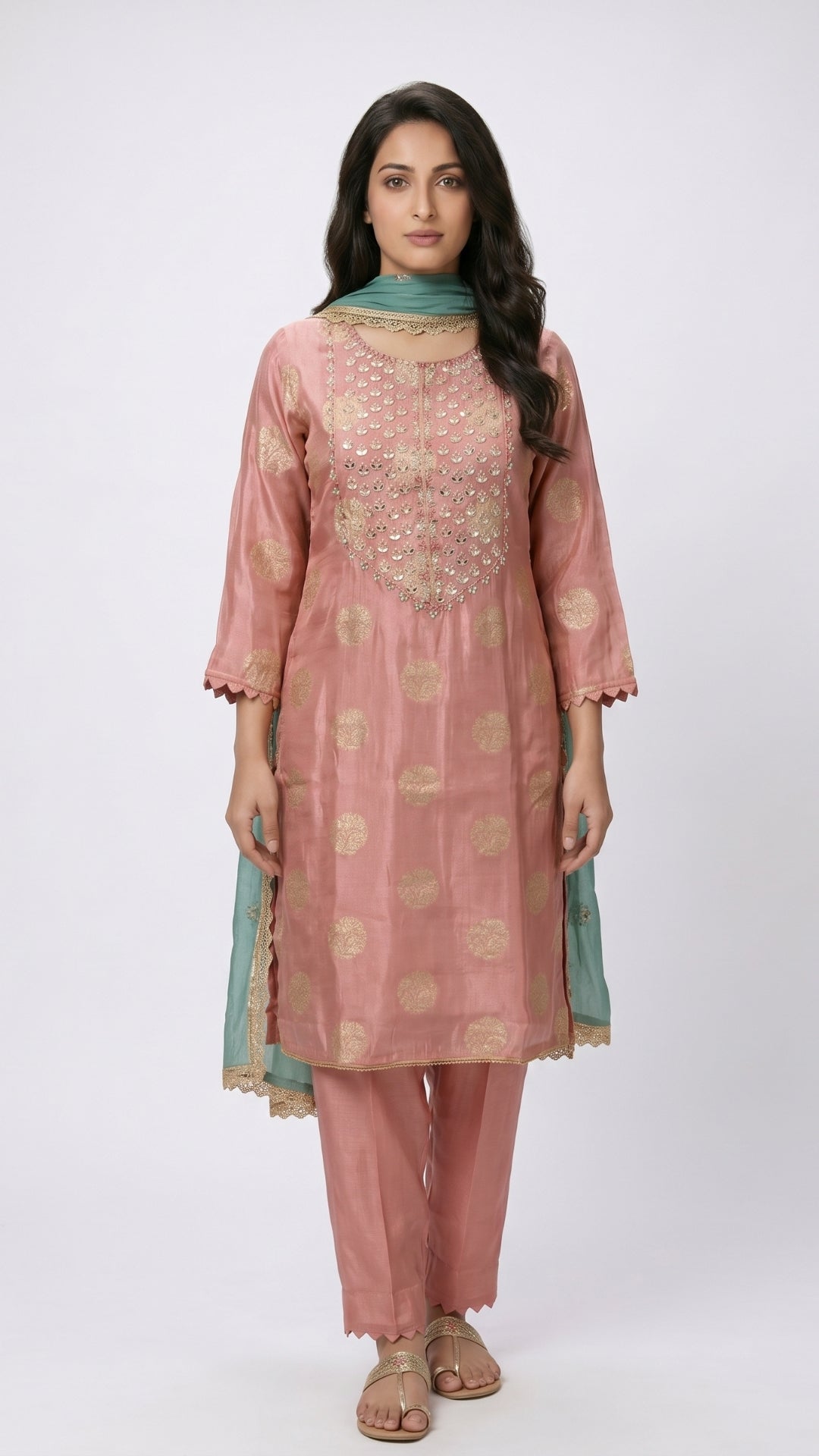 Pink Banarasi Tissue Suit with Mirror, Dabka & Moti Detailing