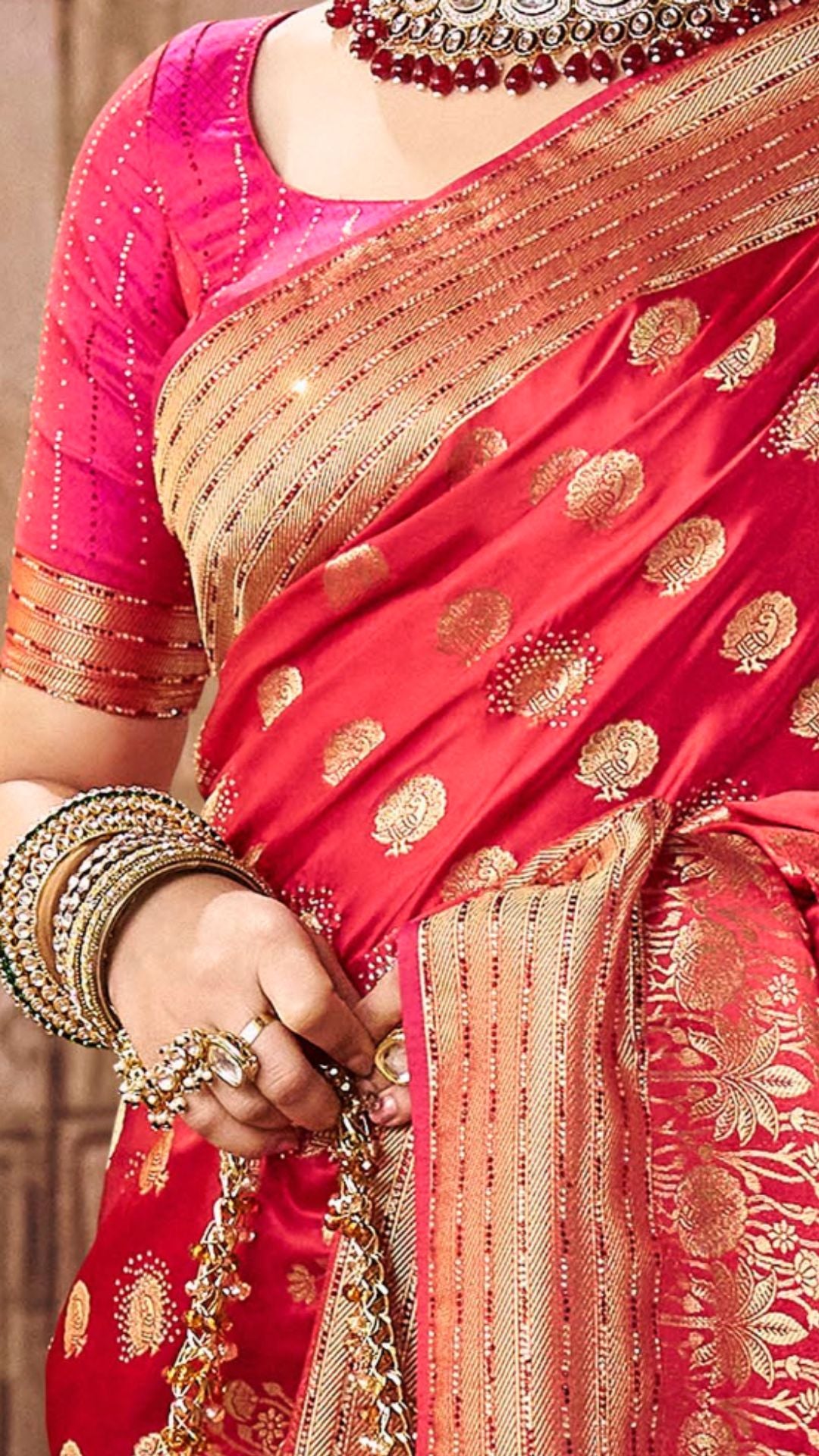 Red Satin Embroidered Saree With Rani Blouse