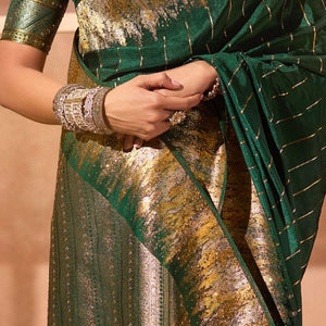 Bottle Green Silk Satin Saree with Swarovski Work