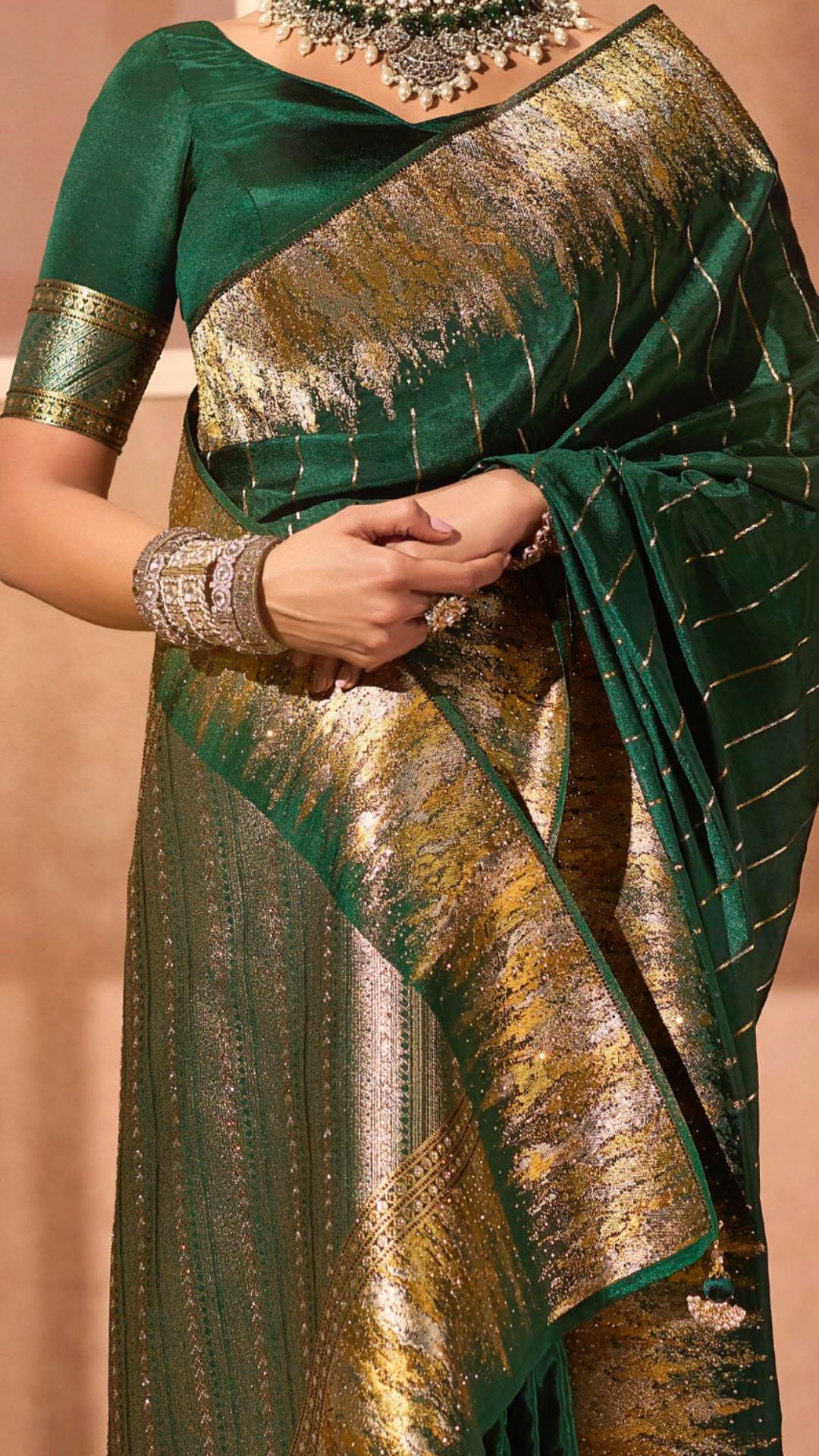 Bottle Green Silk Satin Saree with Swarovski Work