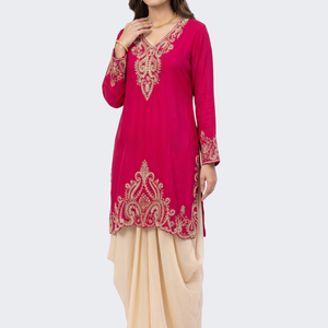 Red Chinon Dhoti Suit Set with Cutdana, Sequins, Pearl and Dabka Embroidery