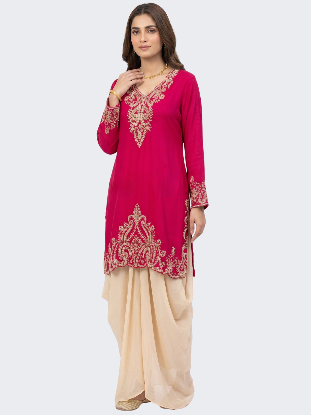 Red Chinon Dhoti Suit Set with Cutdana, Sequins, Pearl and Dabka Embroidery