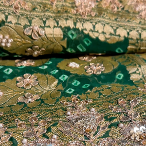 Green Pure Georgette Bandhej Unstitched Saree with Gota, Dabka & Dori Work