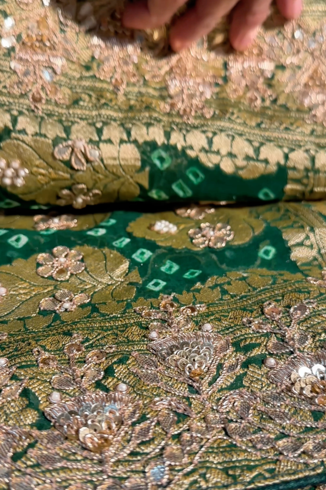 Green Pure Georgette Bandhej Unstitched Saree with Gota, Dabka & Dori Work