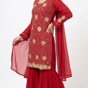 Red Chinon Fabric Hand work Sequins