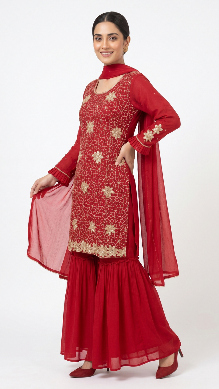 Red Chinon Fabric Hand work Sequins