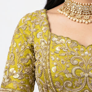 Lemon Green Silk Saree with Stitched Blouse and Zari, Cutdana & Sequins Work