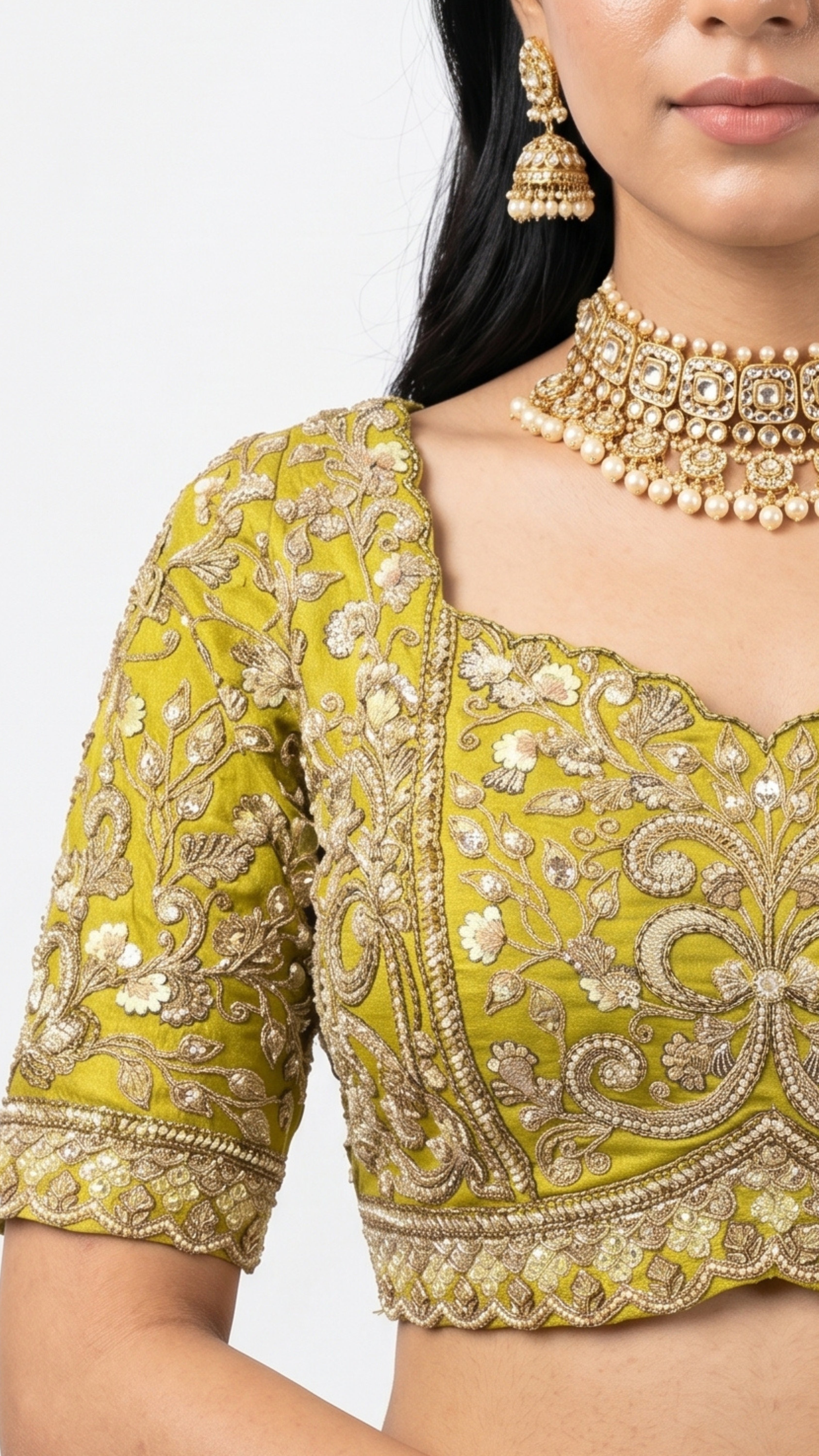 Lemon Green Silk Saree with Stitched Blouse and Zari, Cutdana & Sequins Work