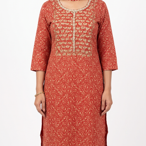 Orange muslin And Gold Print Gota Cutdana Moti Sequins