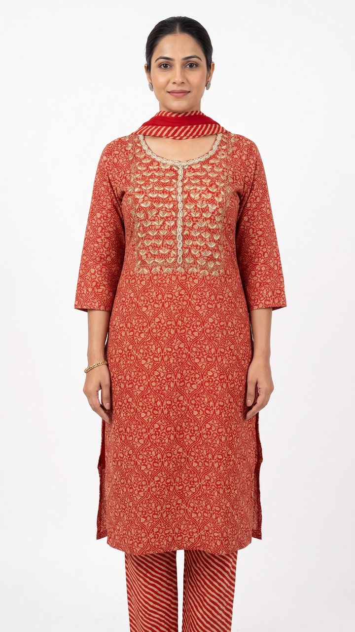 Orange muslin And Gold Print Gota Cutdana Moti Sequins