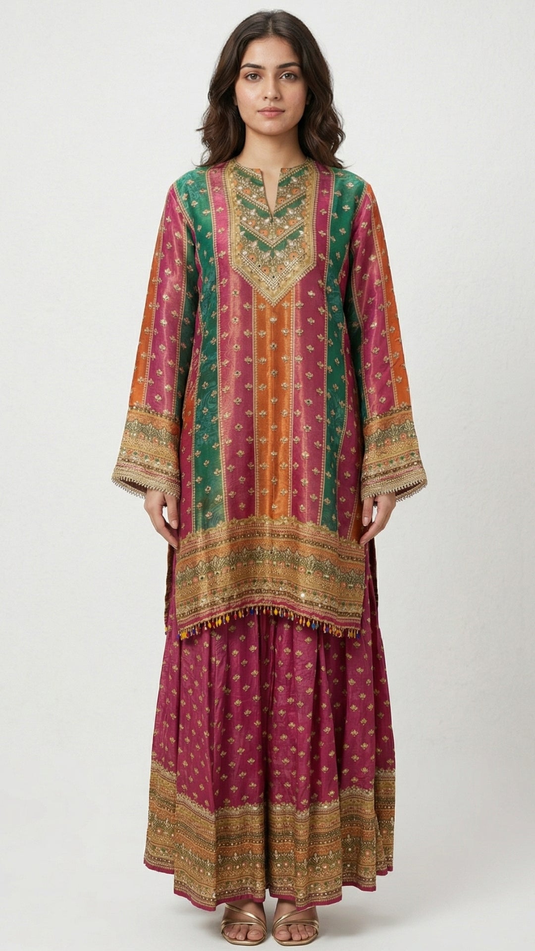 Rani Pink Tissue Indowestern with Sequins, Gota Patti, Stone & Moti Latkan Detailing
