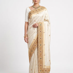 Ivory Tissue Unstitched Saree Embellished With Sequins, Moti, Stone & Cutdana Work