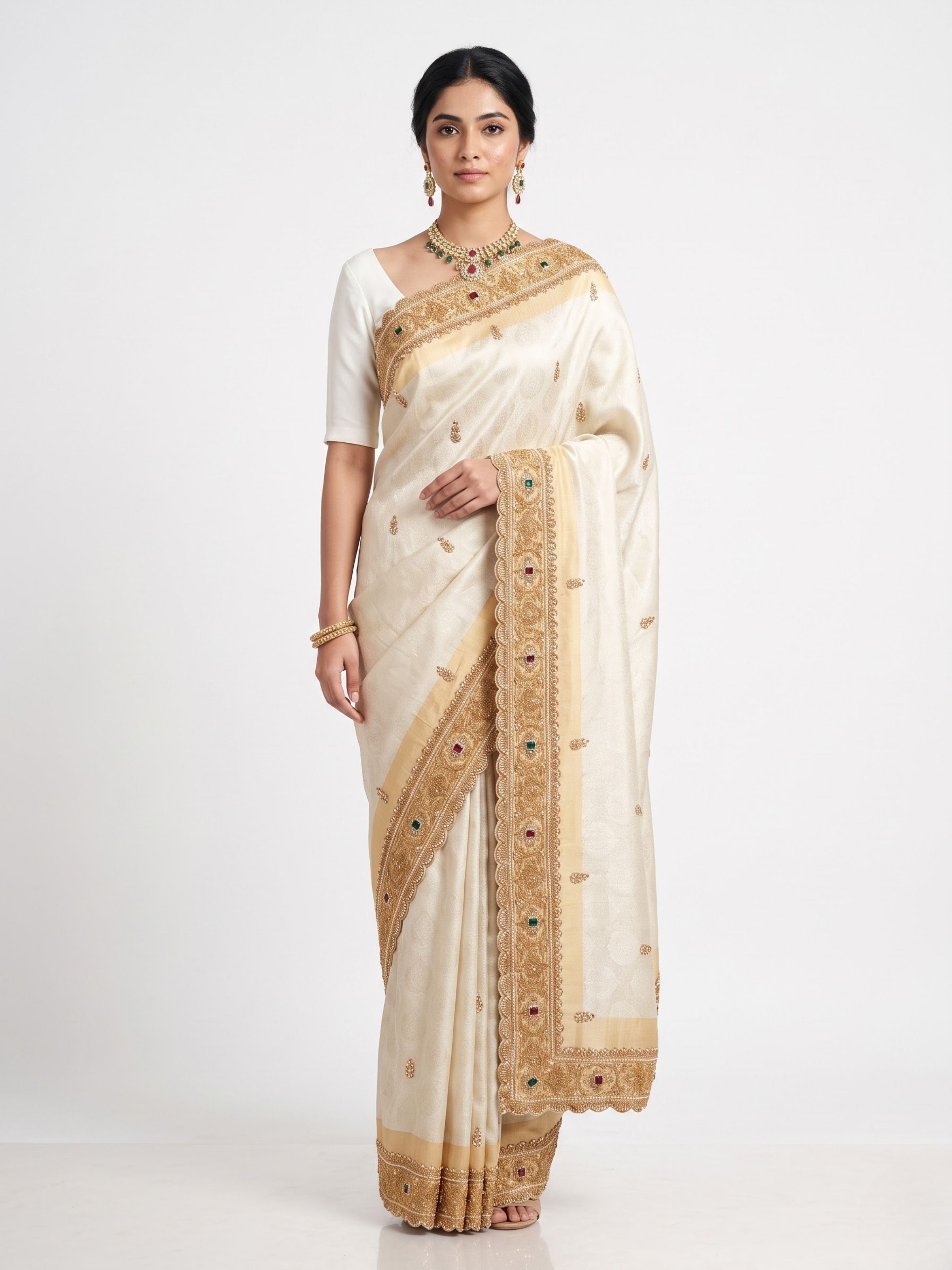 Ivory Tissue Unstitched Saree Embellished With Sequins, Moti, Stone & Cutdana Work