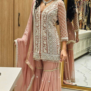 Peach Georgette Indowestern Top and Bottom with Pearl and Thread Work with Dupatta