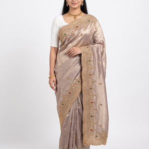 Lavender Tissue Unstitched Saree Embellished With Sequins, Cutdana, Moti & Stone Work