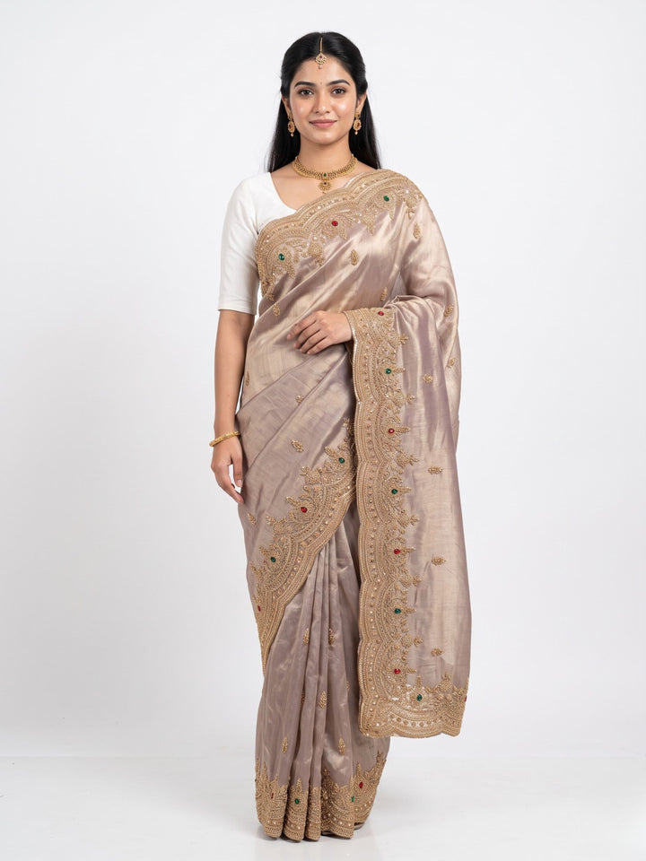 Lavender Tissue Unstitched Saree Embellished With Sequins, Cutdana, Moti & Stone Work