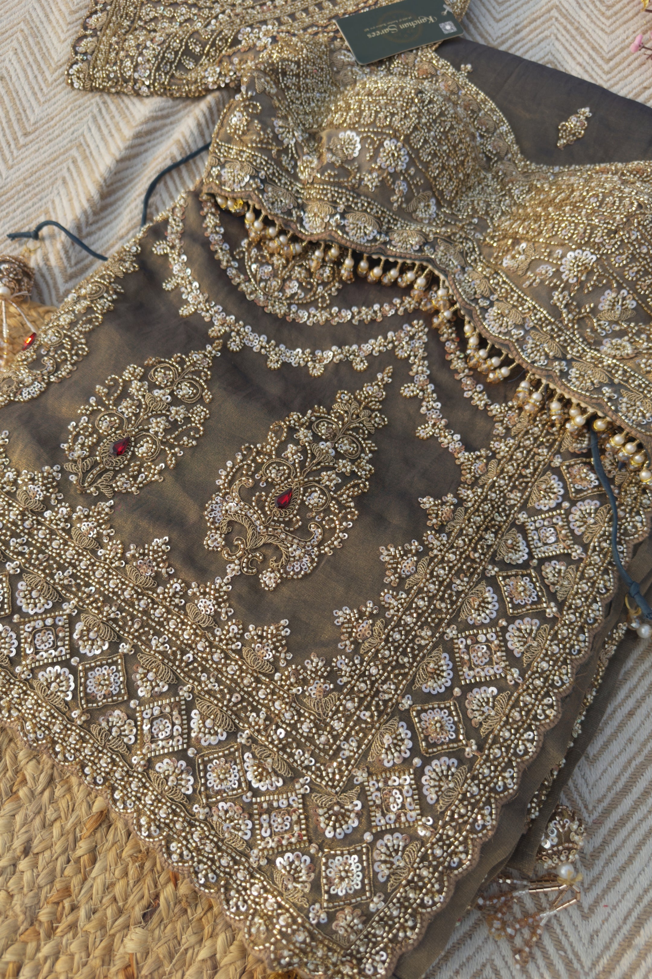 Dusty Brown Green Tissue Saree Embellished With Moti, Sequins & Cut Dana Work