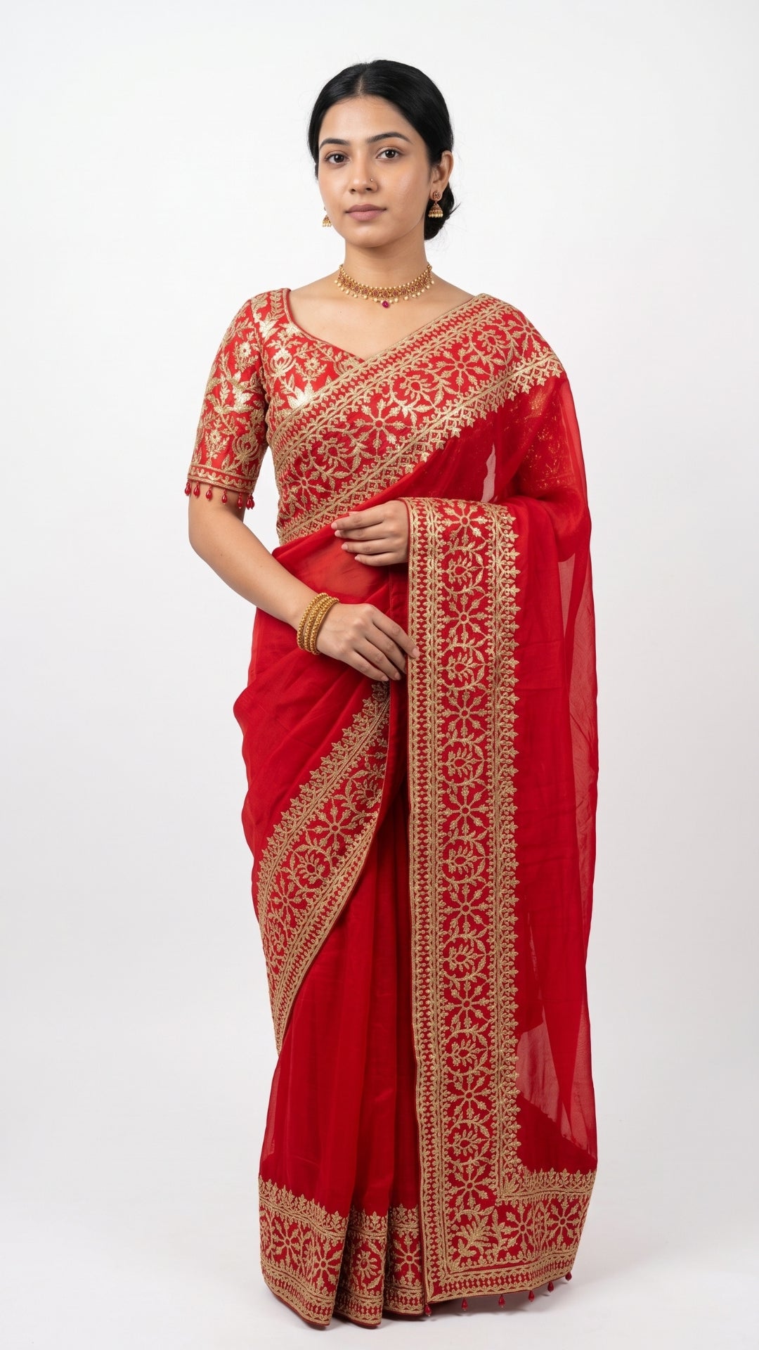Beautiful Red Raw Silk Saree Trimmed With Leather Patch Work