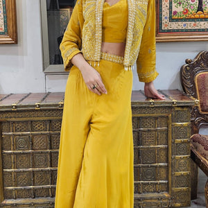 Yellow Crepe Indowestern 3 Piece with Cutdana and Pearl Work