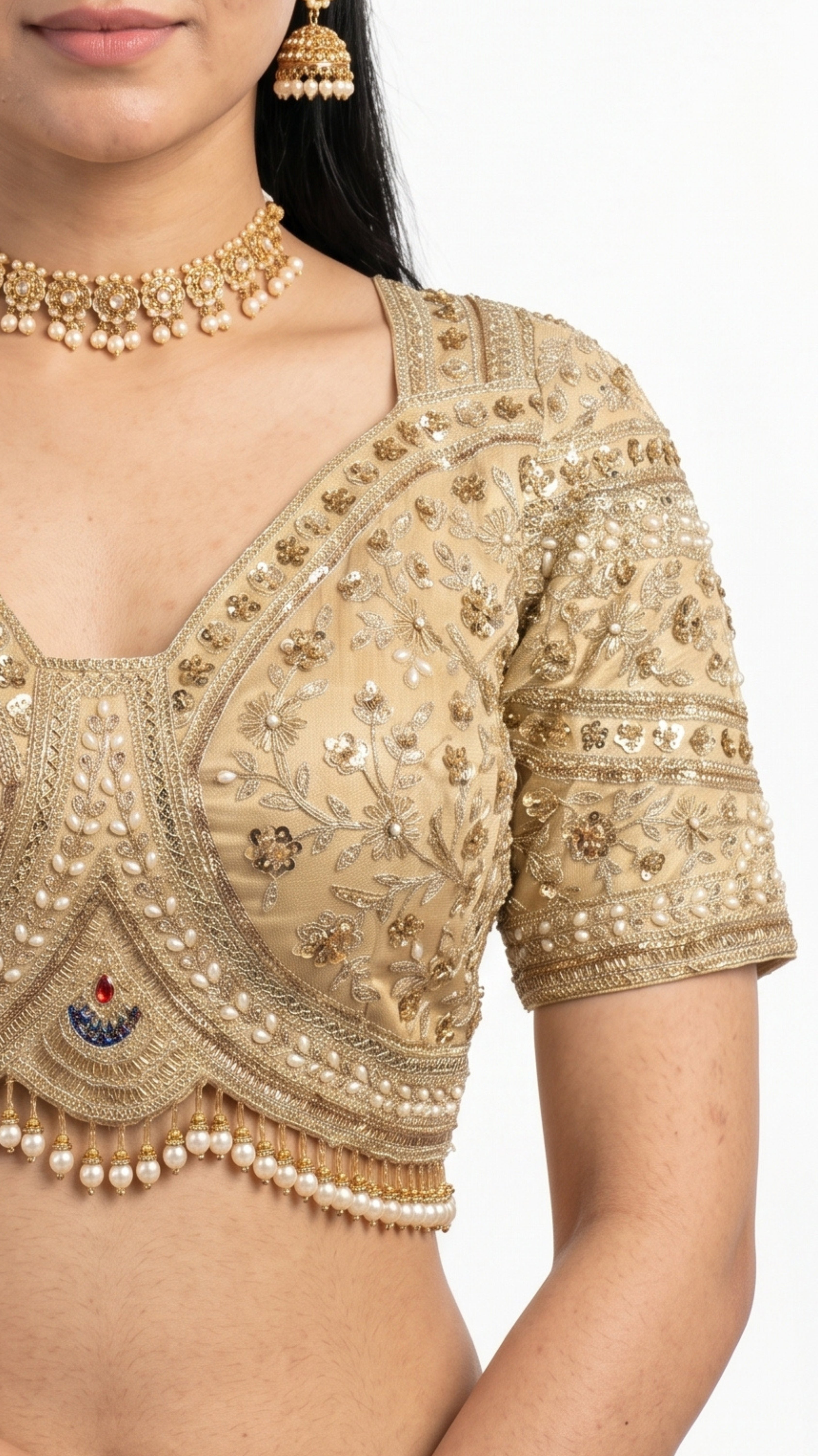 Golden Ivory Tissue Saree with Zari, Cutdana & Sequins Work