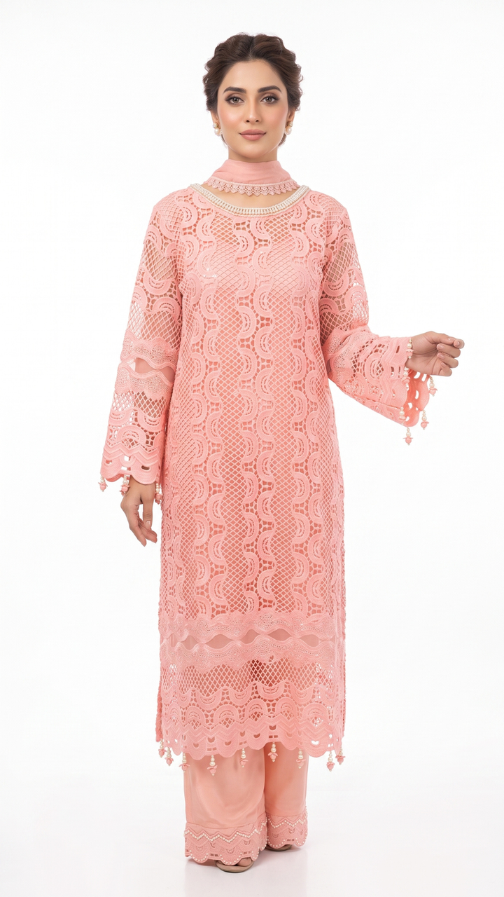 Pink Muslin Cutwork lace and  Pearl Sequins