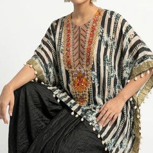 Black Hand Printed Crepe Coord Set with Moti, Sequins & Thread Detailing