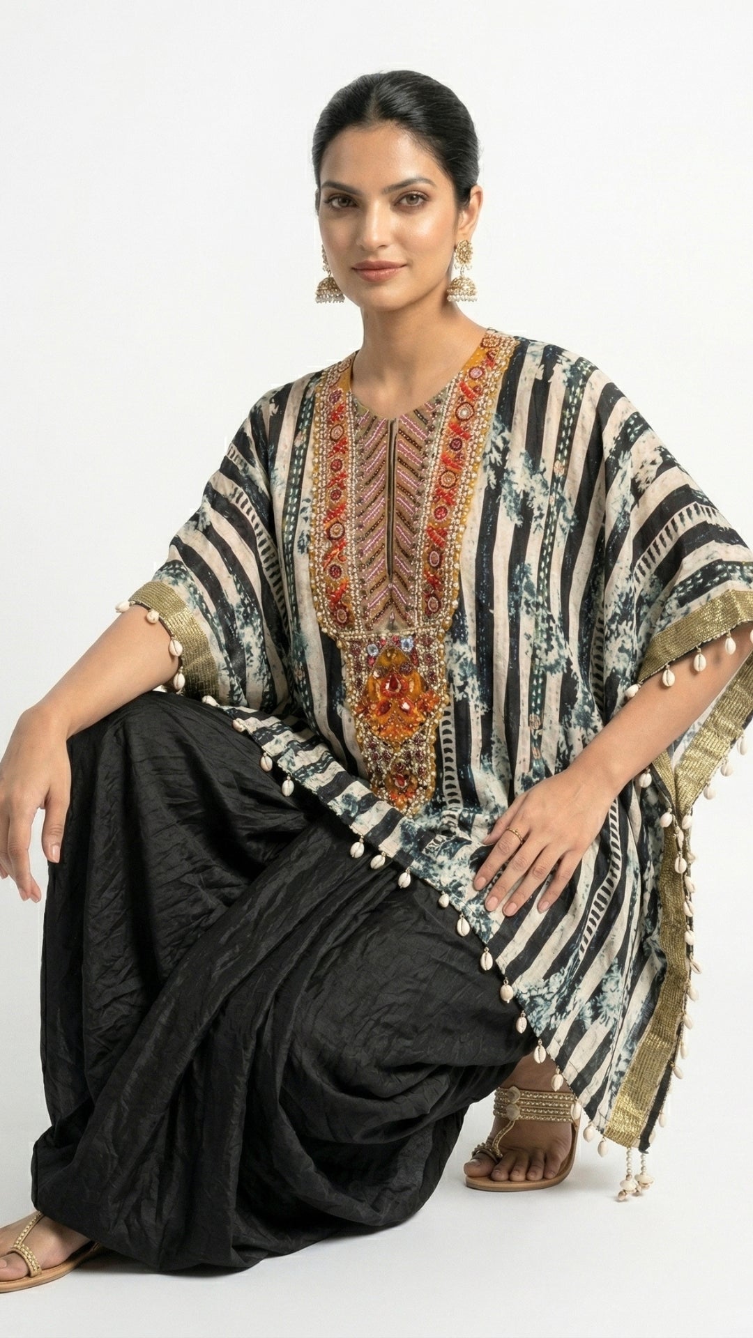 Black Hand Printed Crepe Coord Set with Moti, Sequins & Thread Detailing