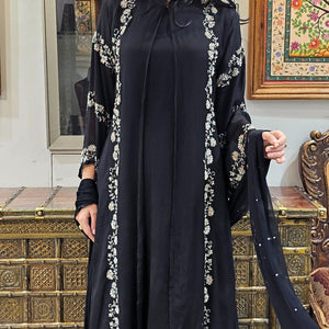 Black Chinon Indowestern Top,Jacket,Bottom and Dupatta with Sequins and Cutdana Work