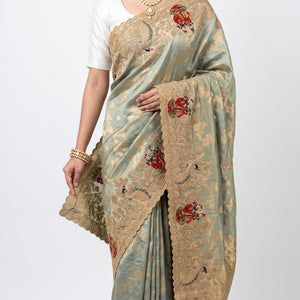 Sage Green Pure Tissue Banarasi Unstitched Saree with Sequins, Zari, Moti & Dori Work