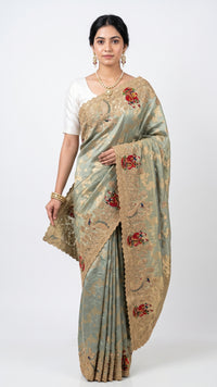Sage Green Pure Tissue Banarasi Unstitched Saree with Sequins, Zari, Moti & Dori Work
