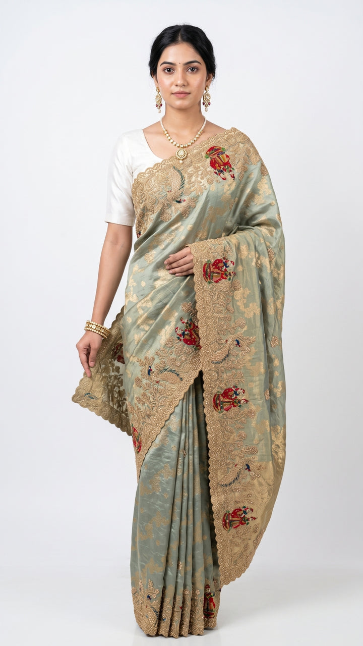 Sage Green Pure Tissue Banarasi Unstitched Saree with Sequins, Zari, Moti & Dori Work