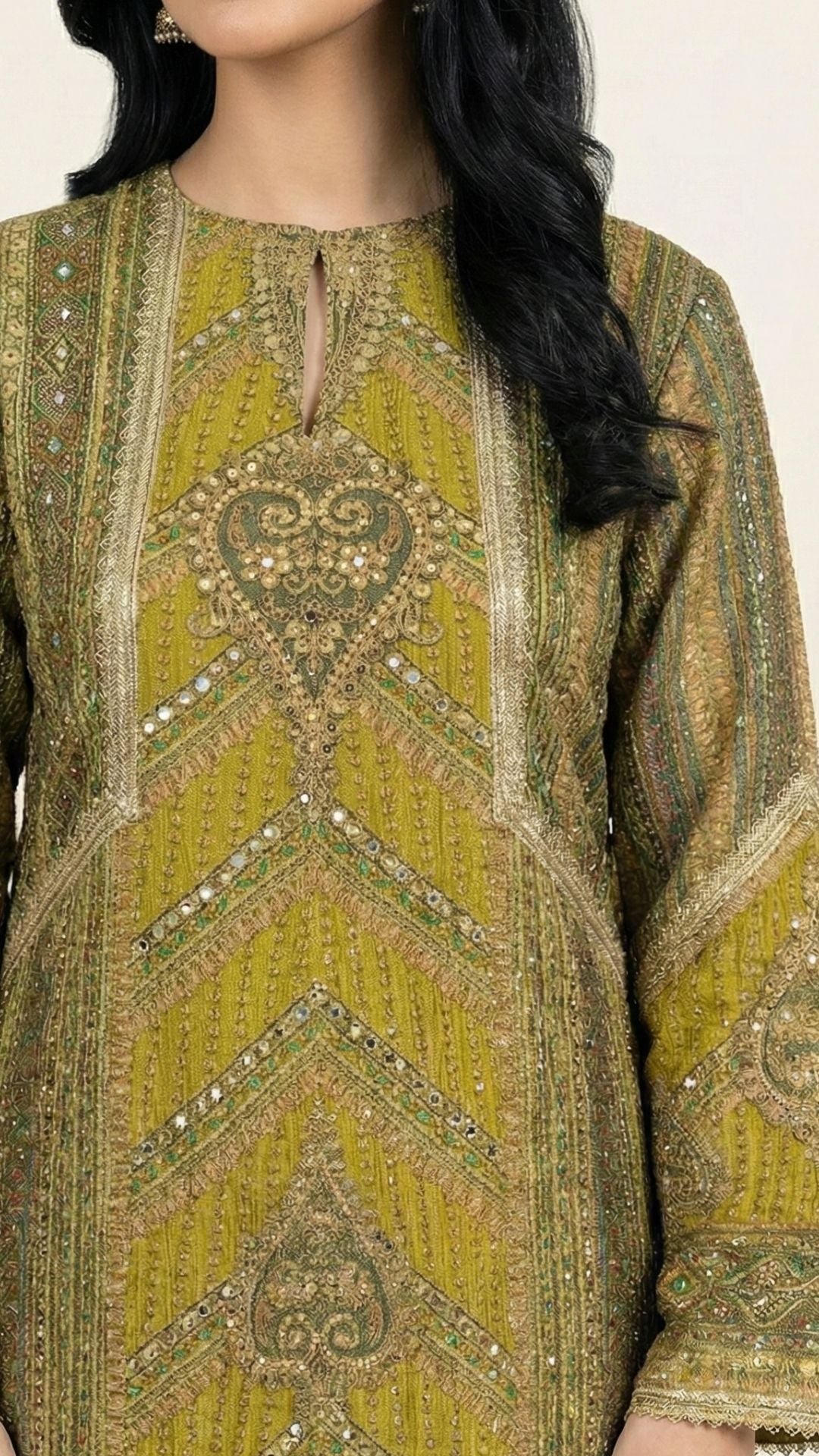 Mehandi Green Wrinkle Tissue Digital Printed Suit with Mirror Detailing and Palazzo